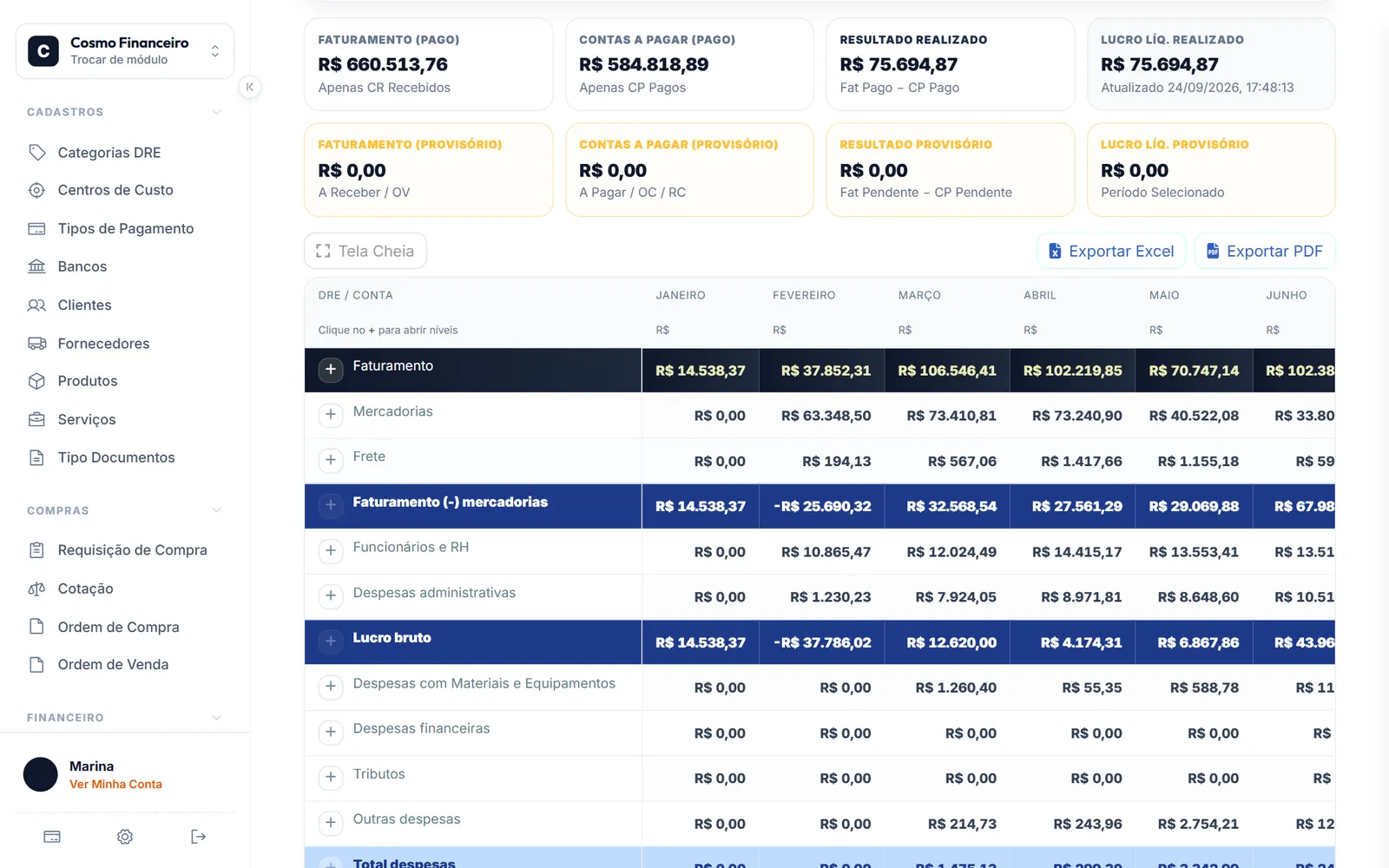 Tela real do DRE e relatório gerencial do ERP Cosmo Financeiro