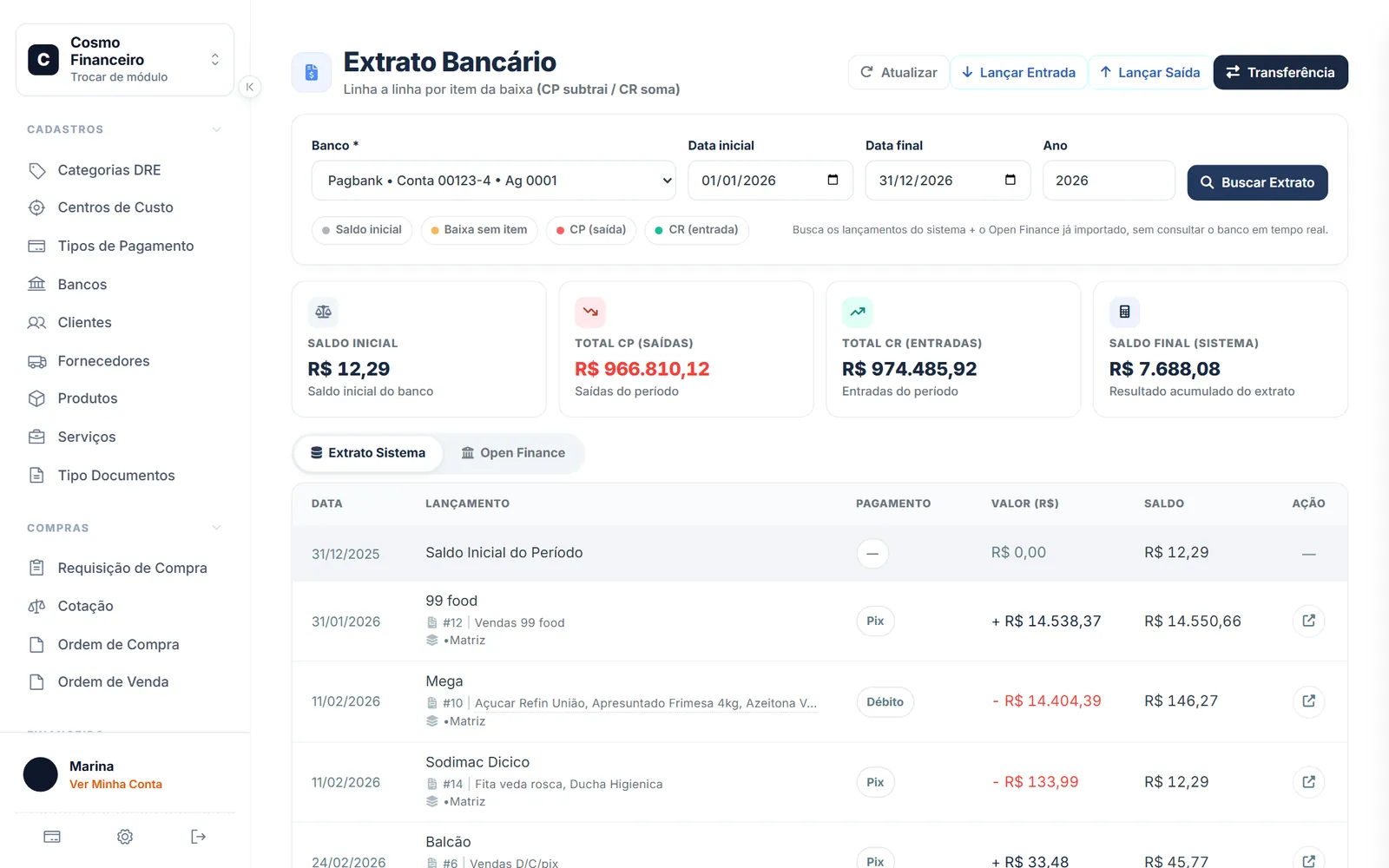 Tela real do extrato bancário no Cosmo Financeiro