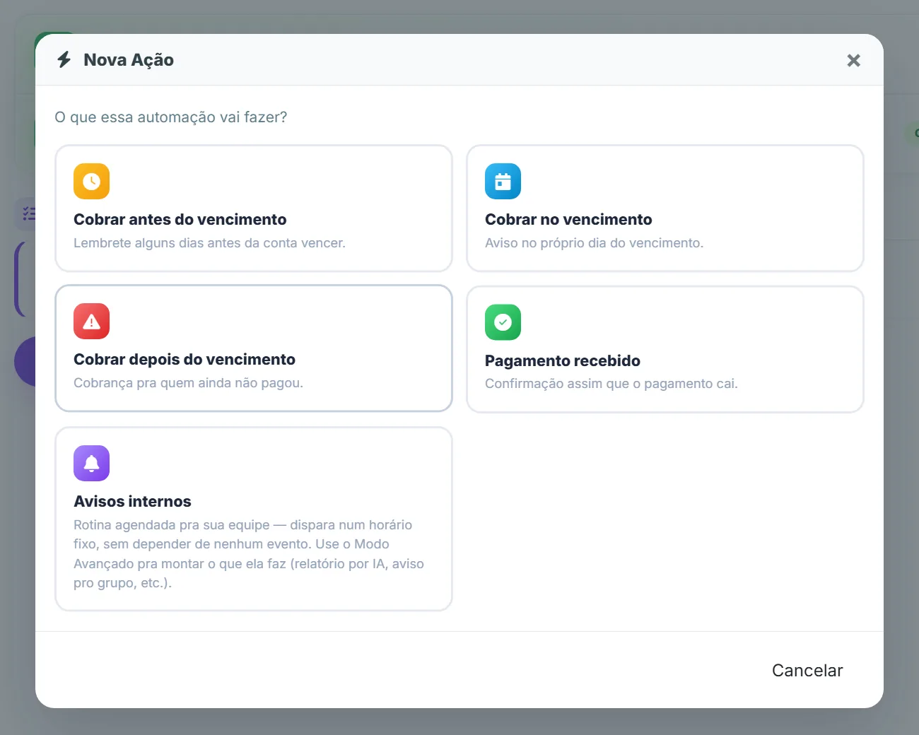 Tela real da régua de cobrança automática da Cosmo